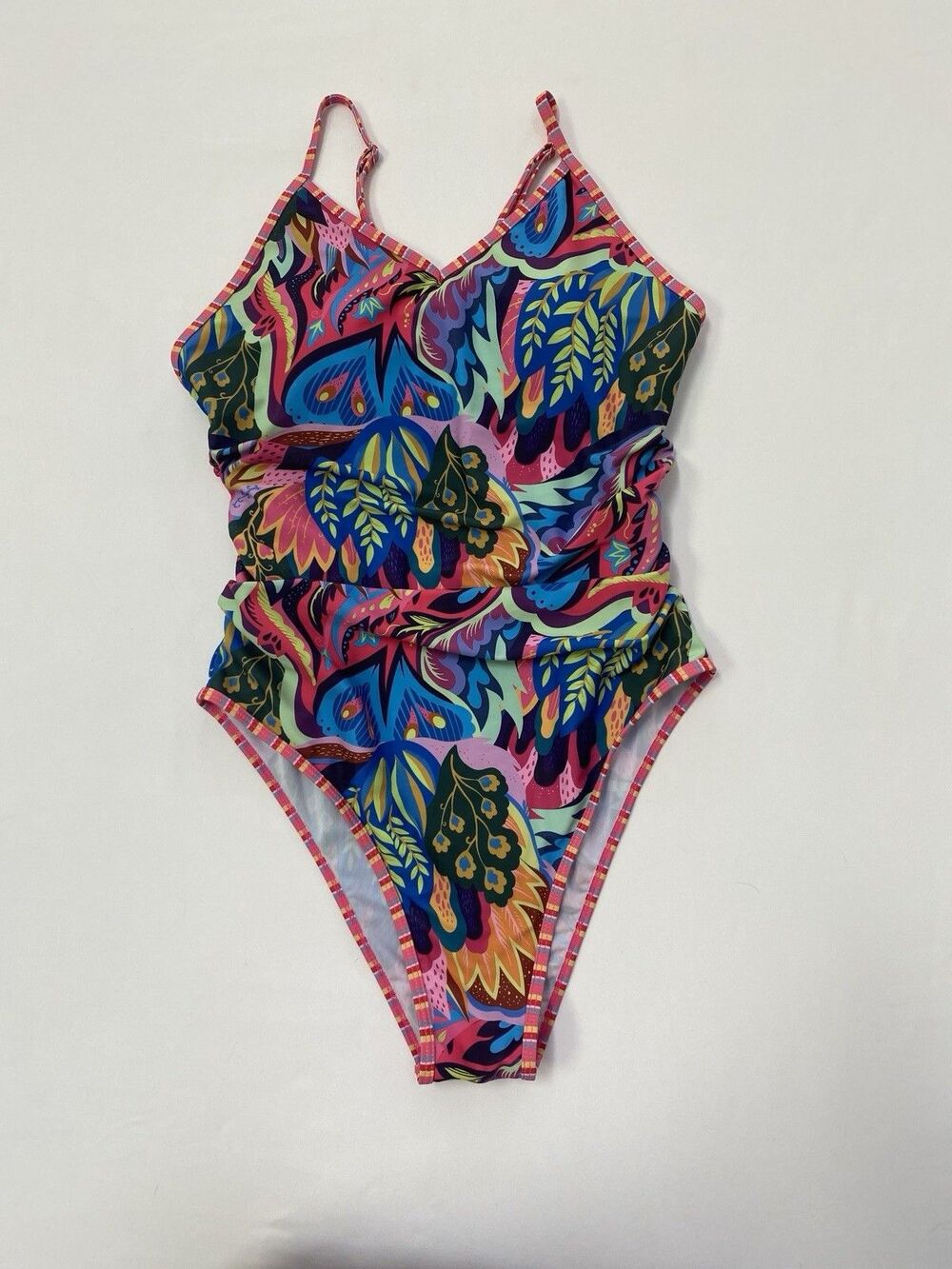 Bohemian Psychedelic Floral One Piece Swimsuit Cutout Back Ruched Size XL
